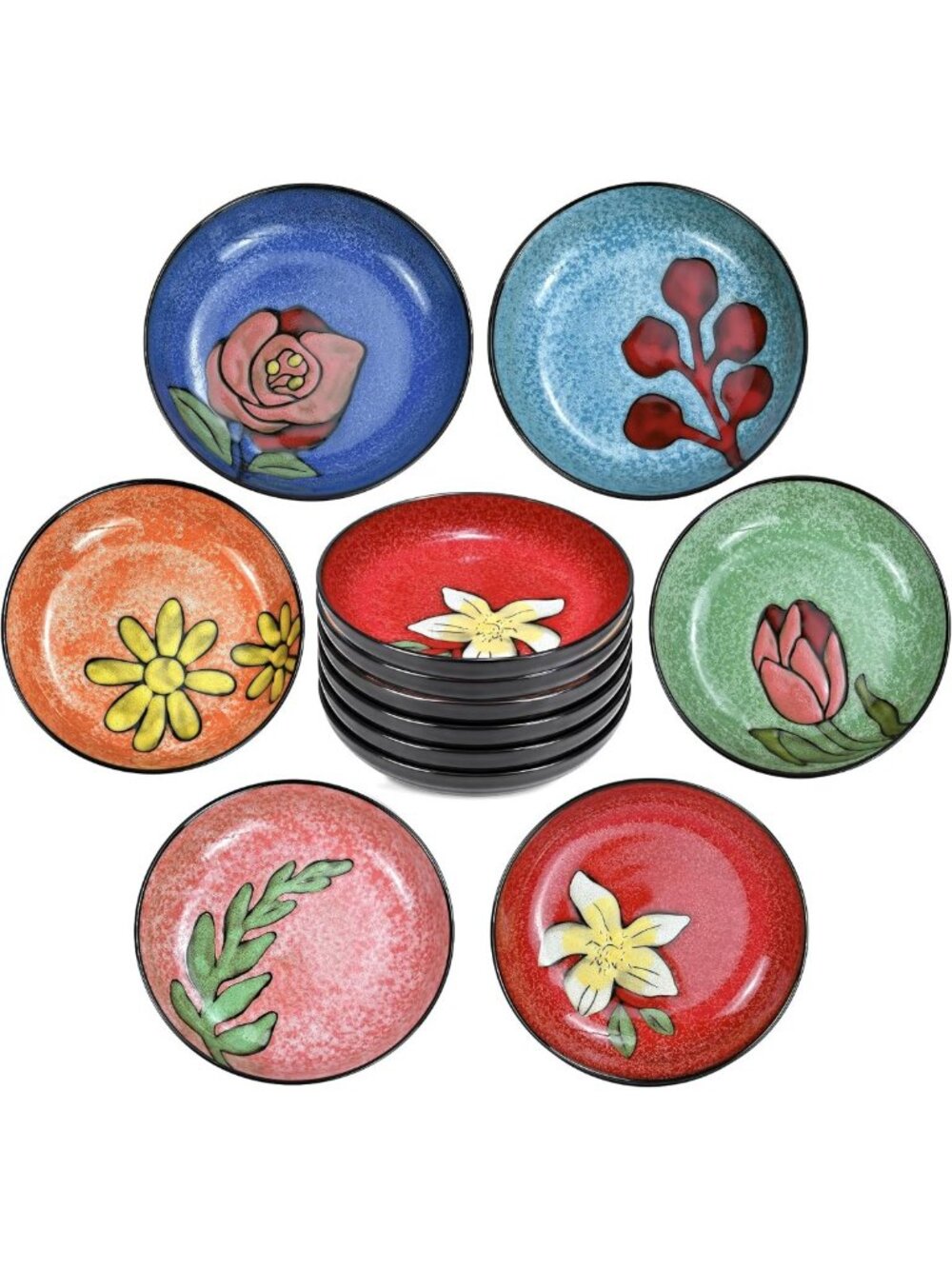 Colorful Floral Ceramic Pasta Bowls Set of 6 - 8" Serving Bowls for Soup & Salad